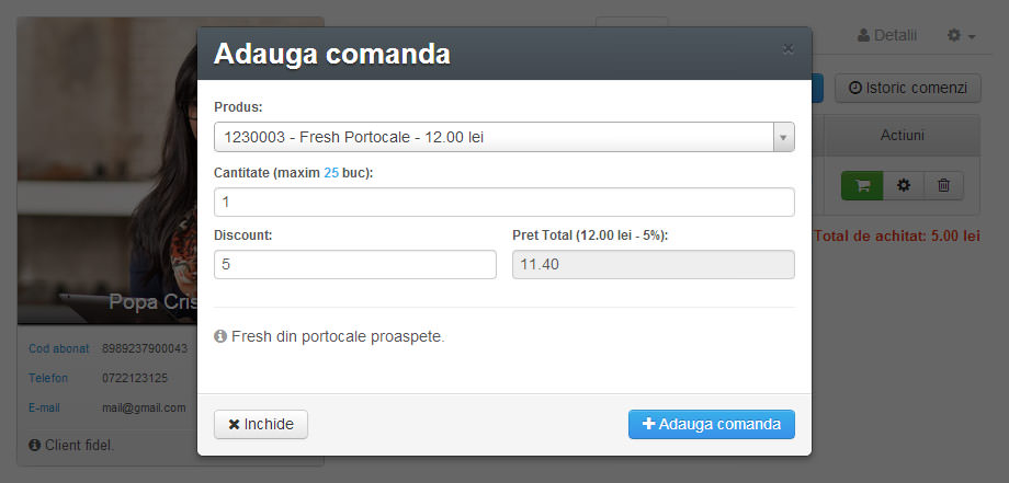Fereastra abonat, tab pos, adauga comanda