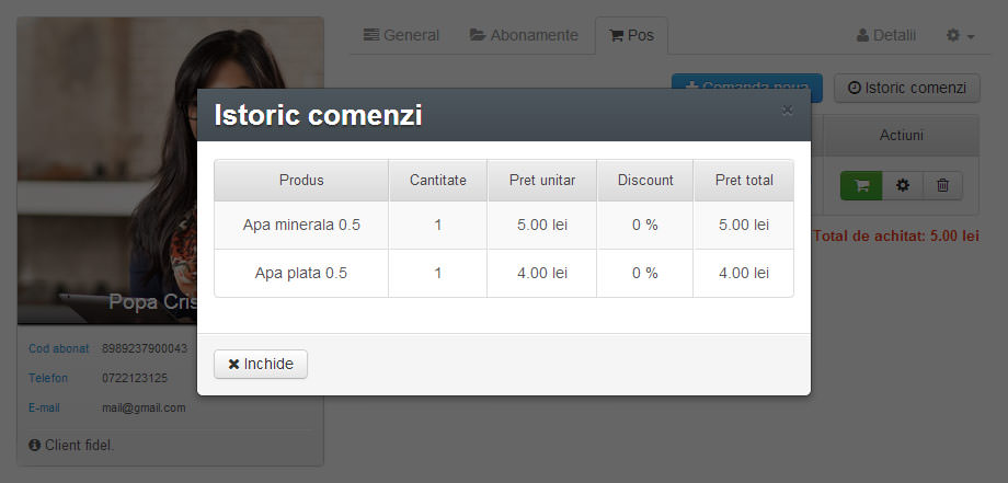 Fereastra abonat, tab pos, istoric comenzi