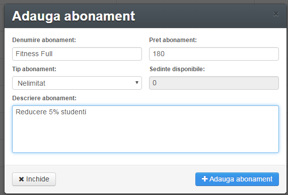 adauga abonament admin Gestiune Sala