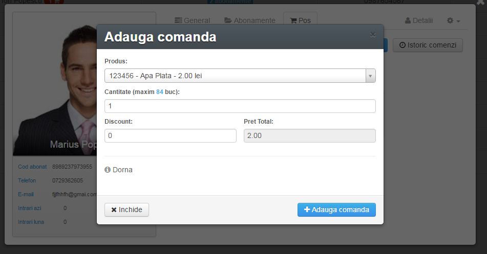 adauga comanda produs abonamente Gestiune Sala