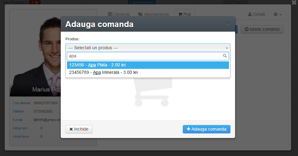 selecteaza produs Gestiune Sala