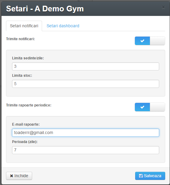 Setari notificari Gestiune Sala