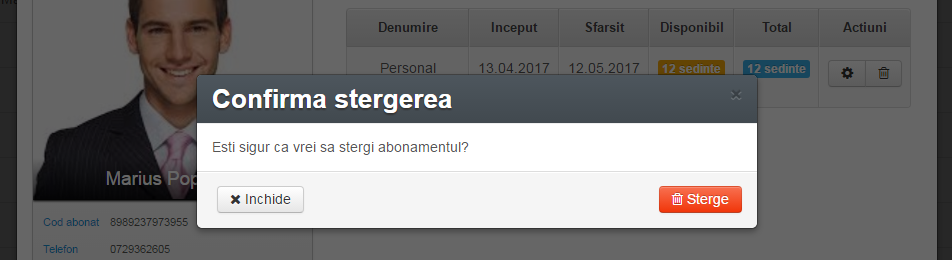 confirma sterge abonament Gestiune Sala